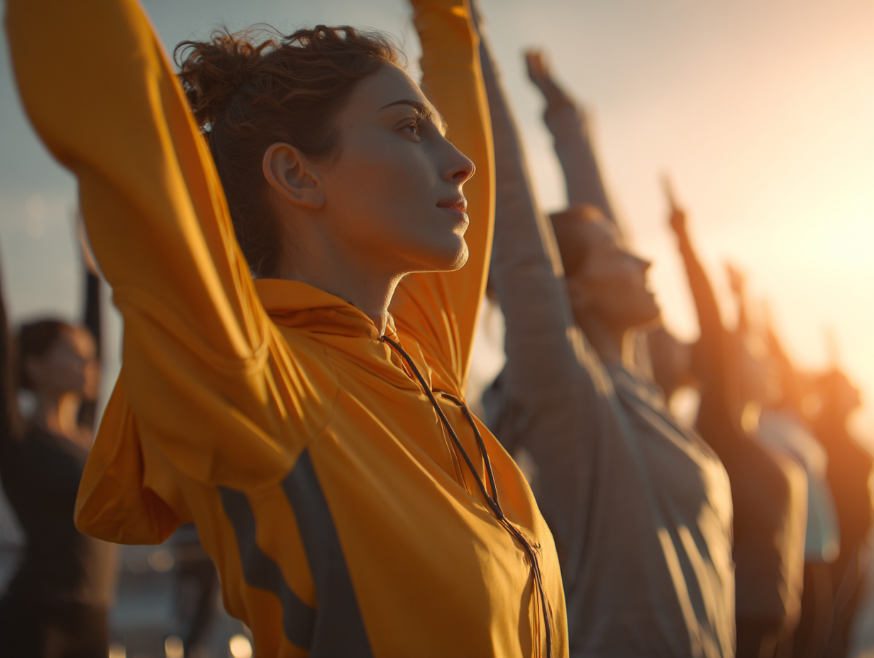 Grup divers de persoane practicând exerciții în aer liber